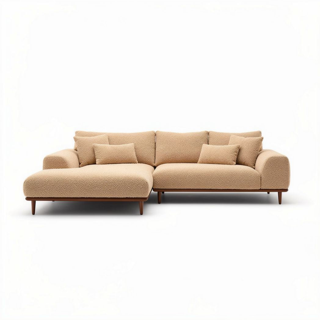 Divano angolare in tessuto beige con struttura in legno 230 x 100 x 85cm