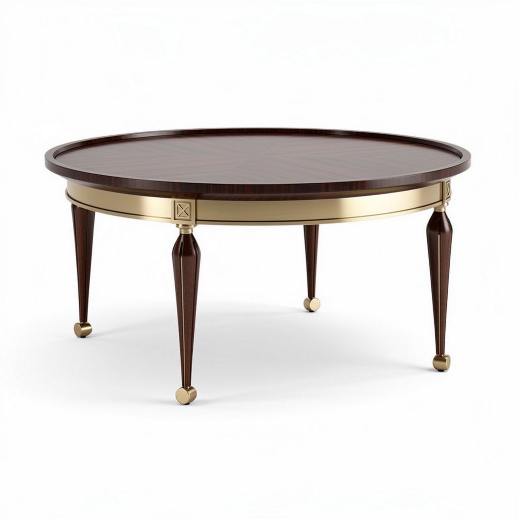 Tavolo rotondo in legno scuro e metallo dorato diametro 80cm altezza 45cm